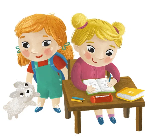 Kreskówki Dziecko Dziewczynka Uczeń Siedzi Szkole Biurko Nauka Czytania Ilustracji — Zdjęcie stockowe