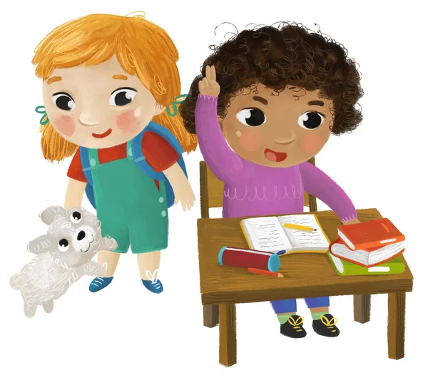Kreskówki Dziecko Dziewczynka Uczeń Siedzi Szkole Biurko Nauka Czytania Ilustracji — Zdjęcie stockowe