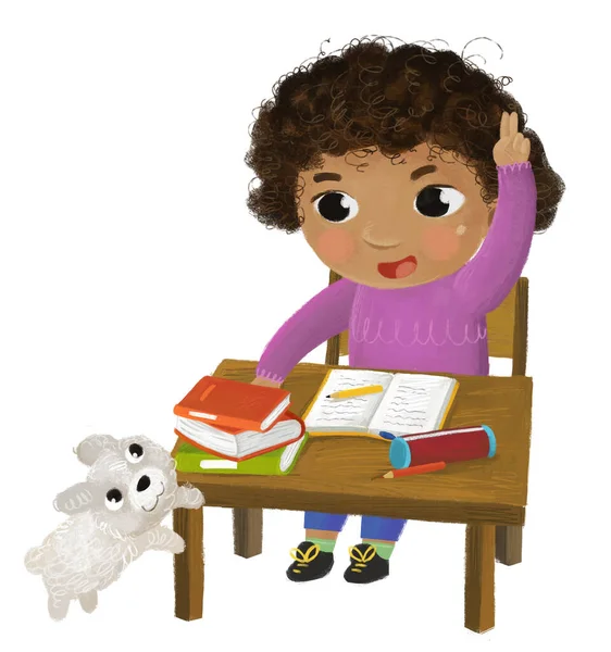 卡通儿童女学生去学校学习书桌边读书 书桌边附有全球童年图解和狗 — 图库照片