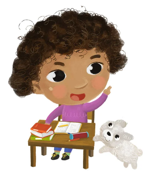 卡通儿童女学生去学校学习书桌边读书 书桌边附有全球童年图解和狗 — 图库照片