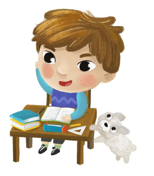 Cartoon Kind Jongen Jongen Leerling Gaan Naar School Leren Lezen — Stockfoto