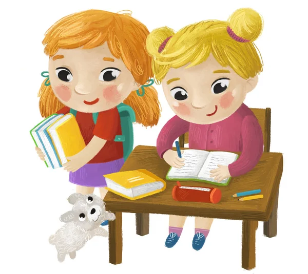 卡通儿童女学生坐在课桌上学习 为有狗的儿童阅读童年图解 — 图库照片