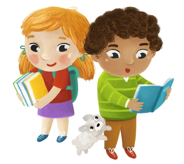 卡通画儿童 男童和女童上学 为带着狗的儿童提供童年图解 — 图库照片
