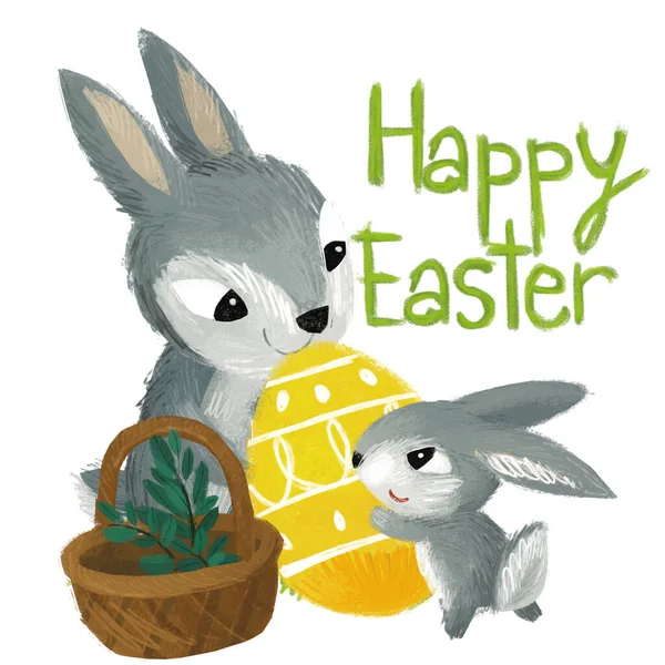 带着复活节兔子的卡通场景在草地上为孩子们提供背景图解 — 图库照片