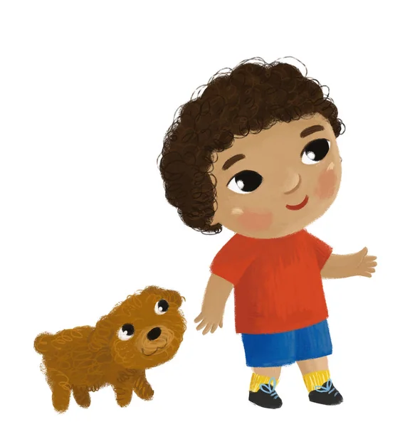 漫画の子供の男の子の生徒は子供のための犬の子供時代のイラストで散歩に行く — ストック写真