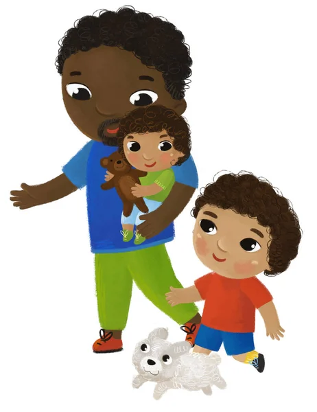 家庭和孩子的卡通片 女孩和男孩在白色背景图上为孩子们展示 — 图库照片