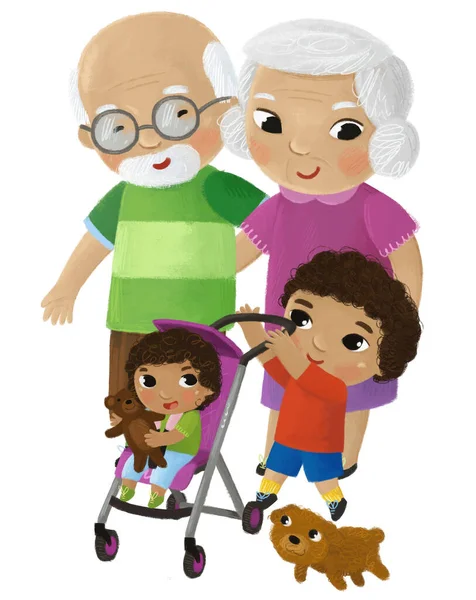 漫画の子供の男の子世話をするああ彼の妹子供時代とともに祖父母おばあちゃんイラストのための子供犬 — ストック写真