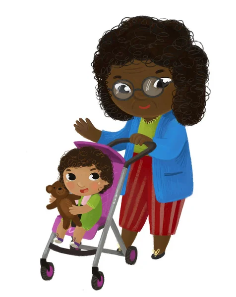 子供のための白い背景イラストで遊んでいる赤ちゃんの馬車の近くの母親と子供の女の子の幼児と漫画シーン — ストック写真