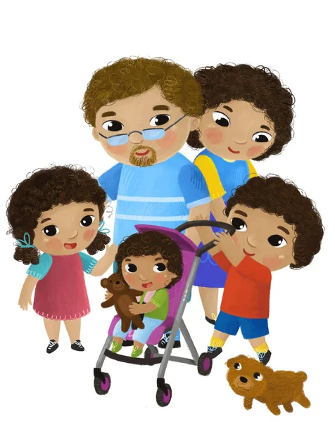 Beyaz Arka Planda Aile Çocukların Olduğu Çizgi Film Sahnesi — Stok fotoğraf