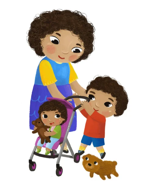 Cartoon Szene Mit Familie Und Kindern Mädchen Und Junge Auf — Stockfoto