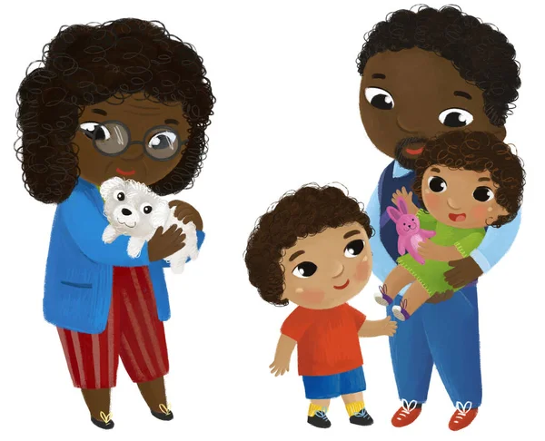 Cena Dos Desenhos Animados Com Família Crianças Menina Menino Fundo — Fotografia de Stock