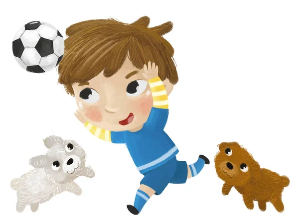Kreslená Scéna Dítětem Hrající Běžecký Sport Fotbal Fotbal Ilustrace Pro — Stock fotografie