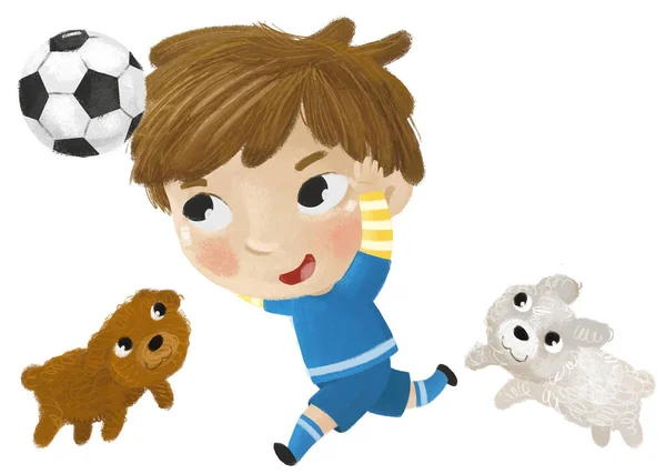 Cartoon Scene Kid Playing Running Sport Ball Soccer Football Illustration — Stock Photo, Image