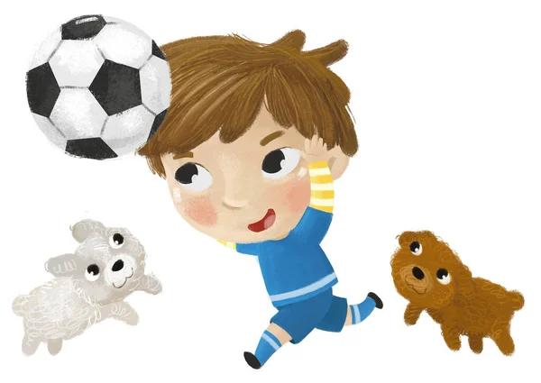 卡通片场景 孩子们玩跑球足球 儿童图解 — 图库照片