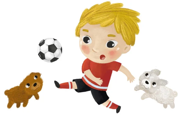 Σκηνή Κινουμένων Σχεδίων Παιδί Που Παίζει Ποδόσφαιρο Μπάλα Ποδοσφαίρου Τρέξιμο — Φωτογραφία Αρχείου