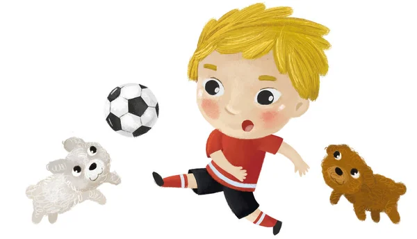 Kreslená Scéna Dítětem Hrající Běžecký Sport Fotbal Fotbal Ilustrace Pro — Stock fotografie