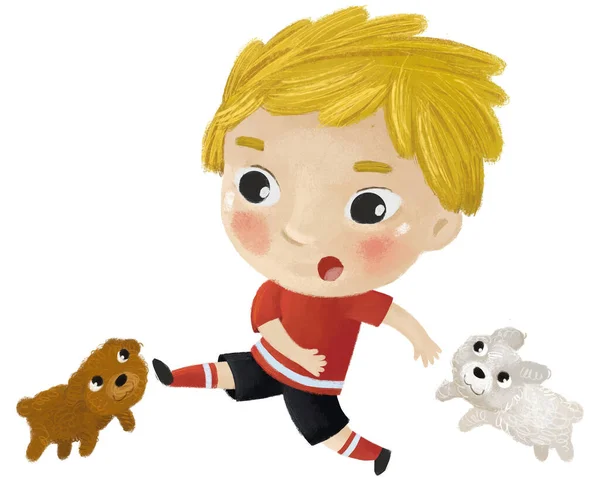 Escena Dibujos Animados Con Niños Jugando Fútbol Pelota Deporte Corriendo — Foto de Stock