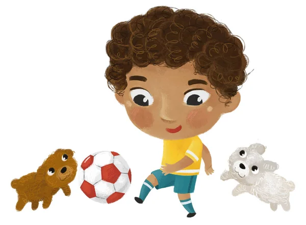 子供がランニングスポーツボールサッカーをしている漫画シーン 子供のためのイラスト — ストック写真