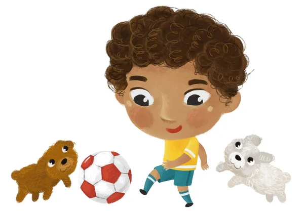 Cartoon Szene Mit Kind Beim Laufsport Fußball Illustration Für Kinder — Stockfoto