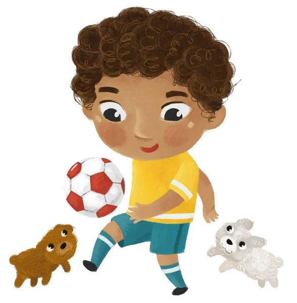 子供がランニングスポーツボールサッカーをしている漫画シーン 子供のためのイラスト — ストック写真