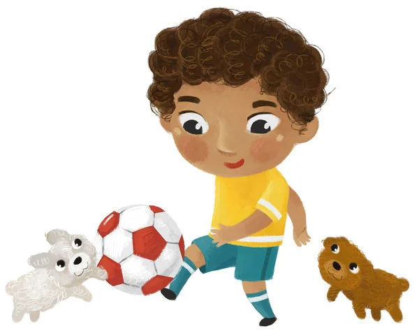 Scena Dei Cartoni Animati Con Bambino Che Gioca Calcio Con — Foto Stock