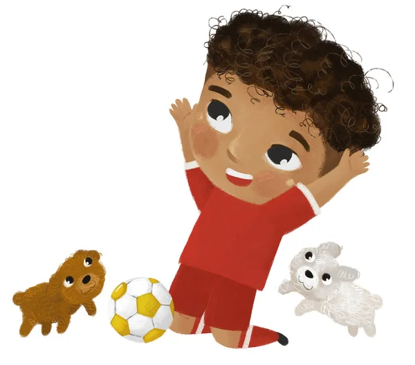 Cena Dos Desenhos Animados Com Menino Jogando Futebol Bola Esporte — Fotografia de Stock