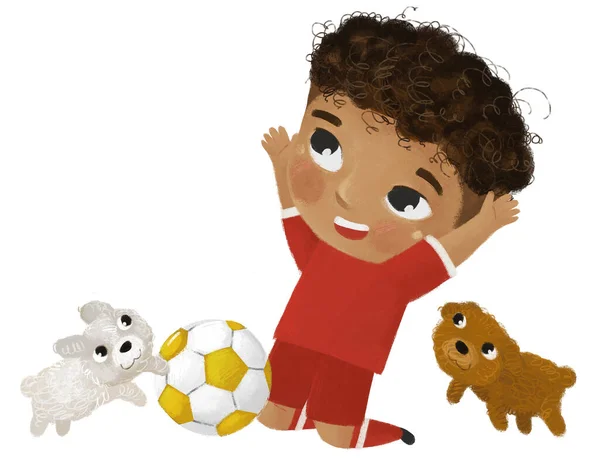 少年がスポーツボールサッカーをやっている漫画シーン 子供のためのイラスト — ストック写真