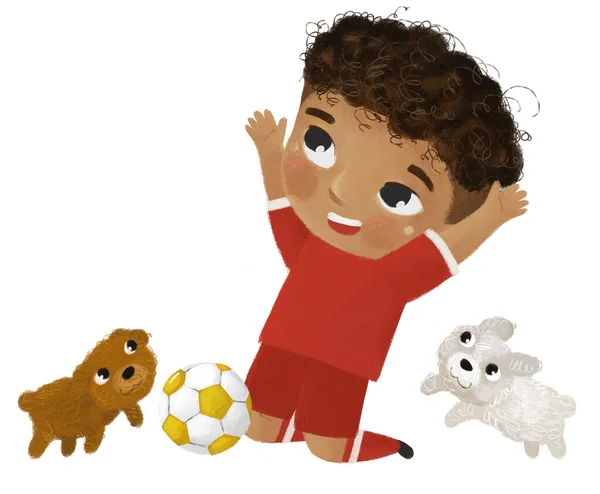 子供がスポーツボールサッカーをしている漫画シーン 子供のためのイラスト — ストック写真