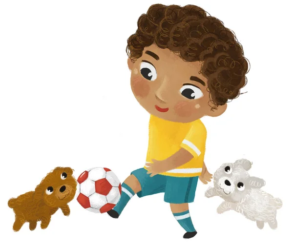 Escena Dibujos Animados Con Niños Jugando Fútbol Deporte Pelota Corriendo —  Fotos de Stock