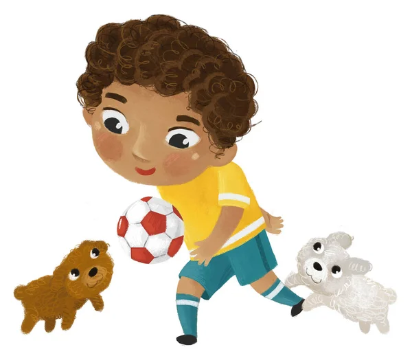 スポーツボールサッカーの趣味を実行している子供と漫画シーン 子供のためのイラスト — ストック写真