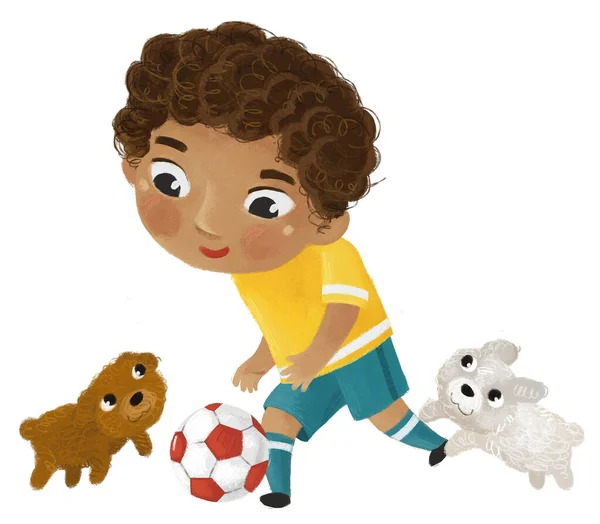 スポーツボールサッカーの趣味を実行している子供と漫画シーン 子供のためのイラスト — ストック写真