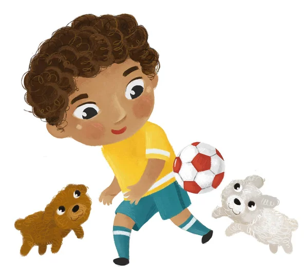 Cena Dos Desenhos Animados Com Criança Jogando Esporte Bola Futebol — Fotografia de Stock
