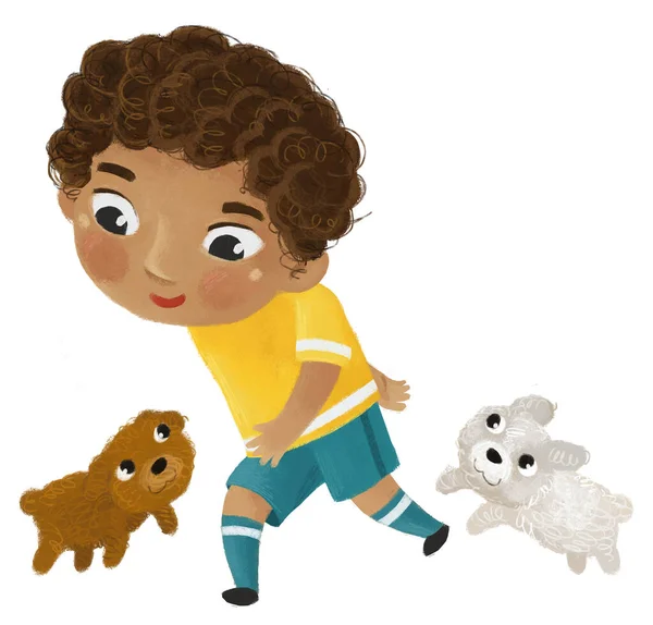 Escena Dibujos Animados Con Niños Jugando Fútbol Deporte Pelota Corriendo — Foto de Stock
