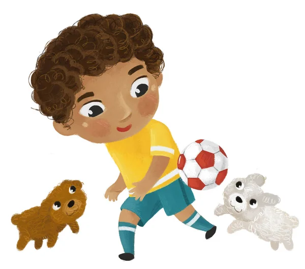 Cena Dos Desenhos Animados Com Criança Jogando Esporte Bola Futebol — Fotografia de Stock