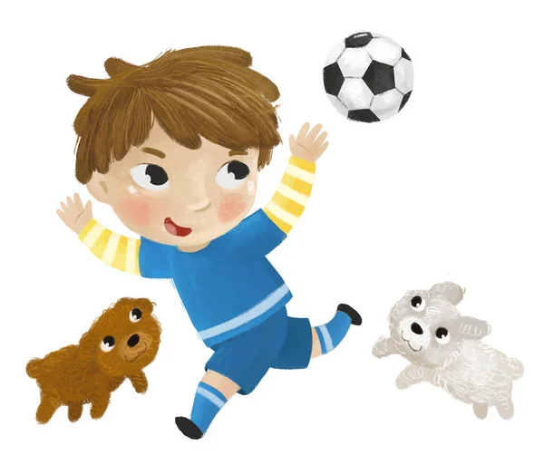 Scena Kreskówek Dzieckiem Gra Piłkę Nożną Bieg Piłka Nożna Ilustracja — Zdjęcie stockowe