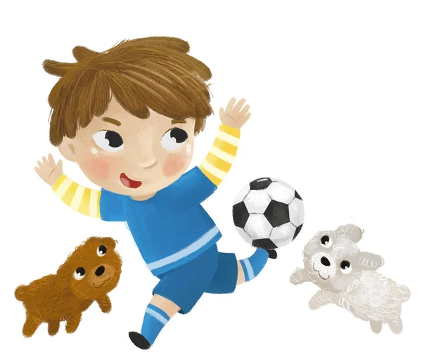 Cena Dos Desenhos Animados Com Criança Jogando Futebol Bola Esporte — Fotografia de Stock