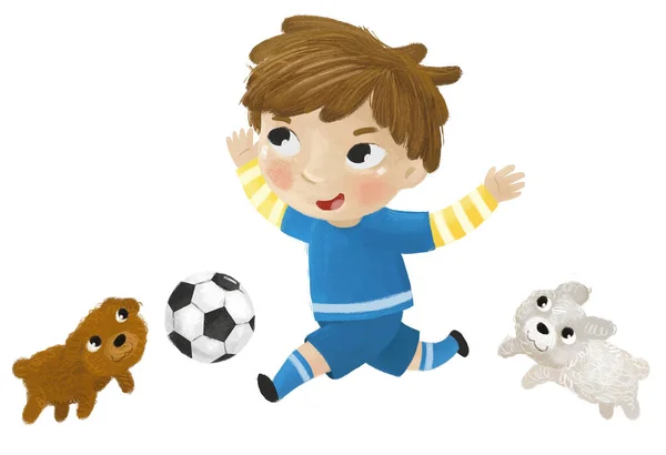 Escena Dibujos Animados Con Niños Jugando Fútbol Pelota Deporte Corriendo —  Fotos de Stock
