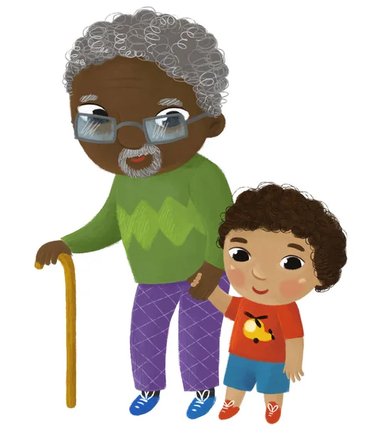 おじいちゃんが立って子供のための男の子孫のイラストで笑顔で漫画シーン — ストック写真