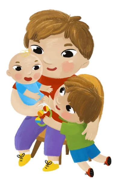 cartoon scene with older and younger brothers and younger toddler playing together family illustration for children