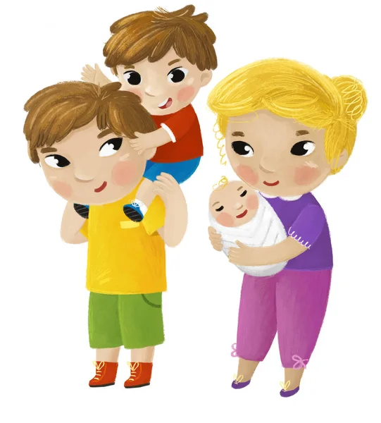 cartoon scene with two brothers and mother with toddler illustration for kids