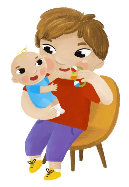 cartoon scene with older brother and younger toddler playing together family illustration for children