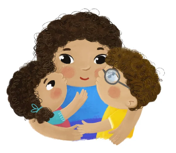 Kreslené Scény Rodinou Dětmi Dívka Chlapec Bílém Pozadí Ilustrace — Stock fotografie