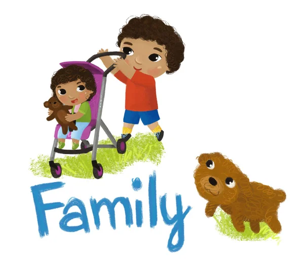 Cartoon Scene Happy Cheerful Family Kids White Background Illustration Children — Stock Photo, Image