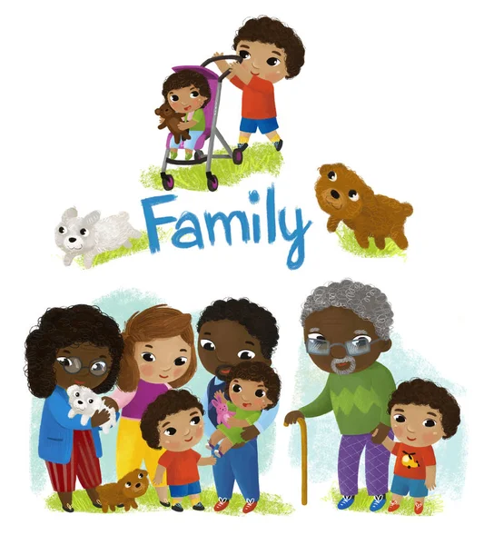 Kreslená Scéna Šťastnými Veselými Rodinnými Dětmi Bílém Pozadí Ilustrace Pro — Stock fotografie
