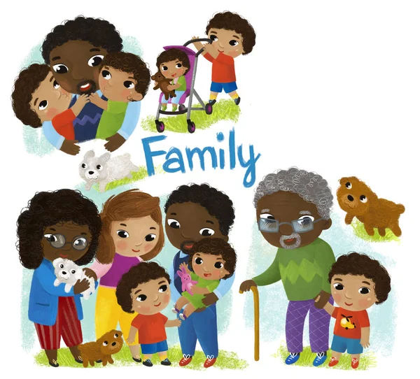 子供のための白い背景イラストに幸せと陽気な家族の子供たちと漫画シーン — ストック写真