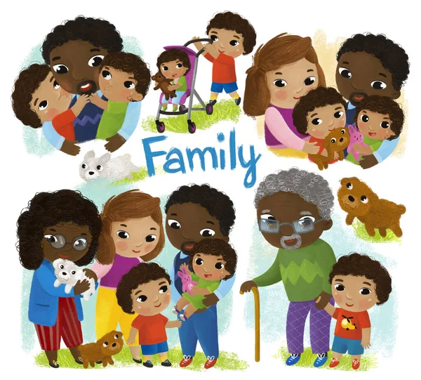 Cartoon Scene Happy Cheerful Family Kids White Background Illustration Children — Stock Photo, Image