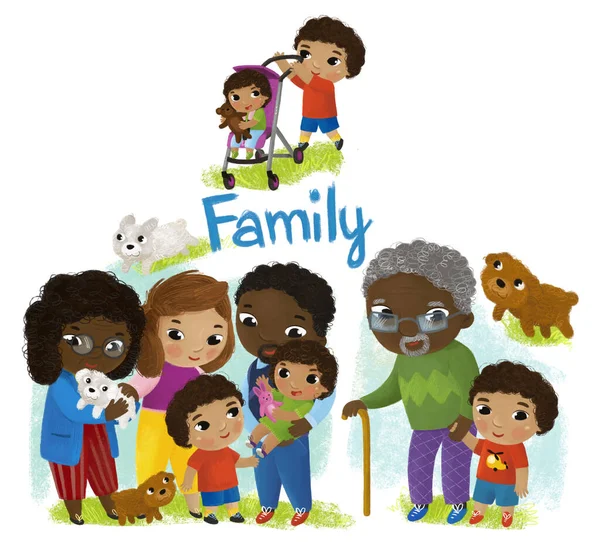 Escena Dibujos Animados Con Niños Felices Alegres Familia Sobre Fondo —  Fotos de Stock