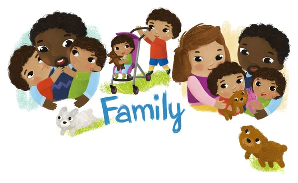 有快乐快乐家庭孩子的卡通片场景 为孩子们提供白色背景图解 — 图库照片