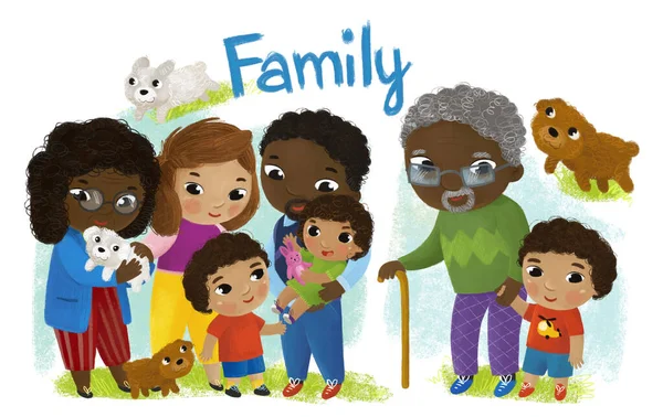 Cartoon Szene Mit Glücklichen Und Fröhlichen Familien Kindern Auf Weißem — Stockfoto