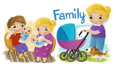 Çocuklar için beyaz arkaplanda mutlu ve neşeli aile çocuklarının olduğu bir çizgi film sahnesi.